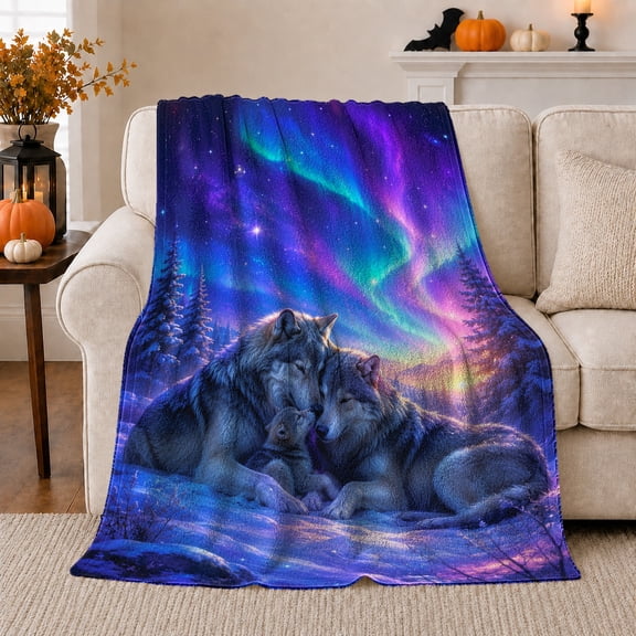 Wolves Resting under Northern Lights, Serene Wildlife Style for Wolf Lovers, Aurora Mountain Scene and Christmas Gift, Soft Flannel Blanket for Cabin and Bedroom, Home Decor