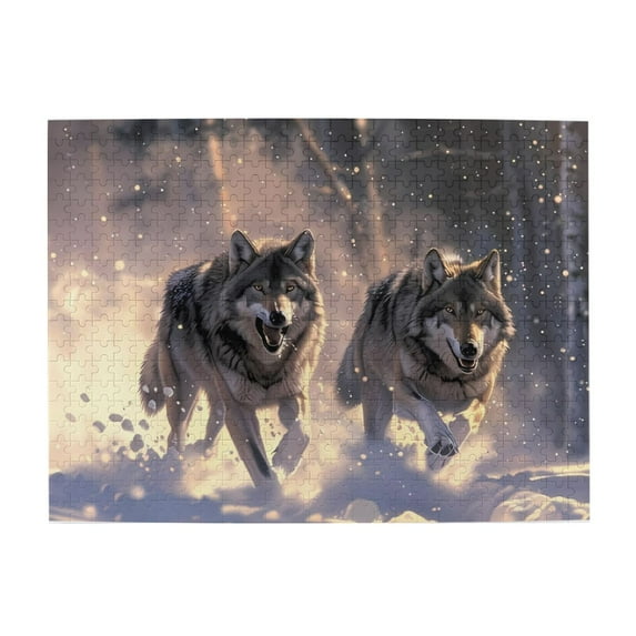 Wolves Running In Snow 500-Piece Wooden Jigsaw Puzzle for Adults, Fun & Challenging Family Brain-Teaser, Perfect Home Decor & Gift
