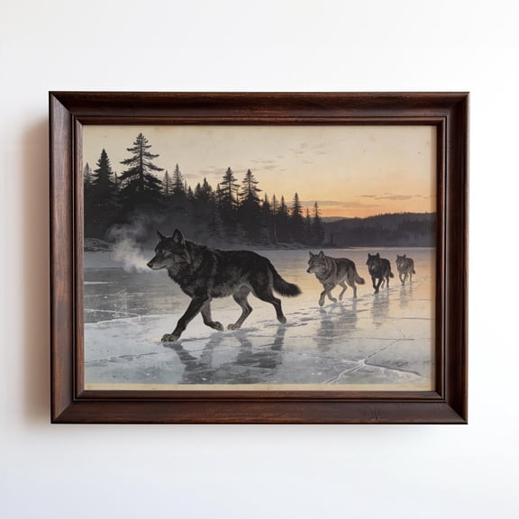 Wolves Running On Frozen Lake Art Winter Wolf Pack Wall Art Lodge Cabin Decor, Unframed Paper Print