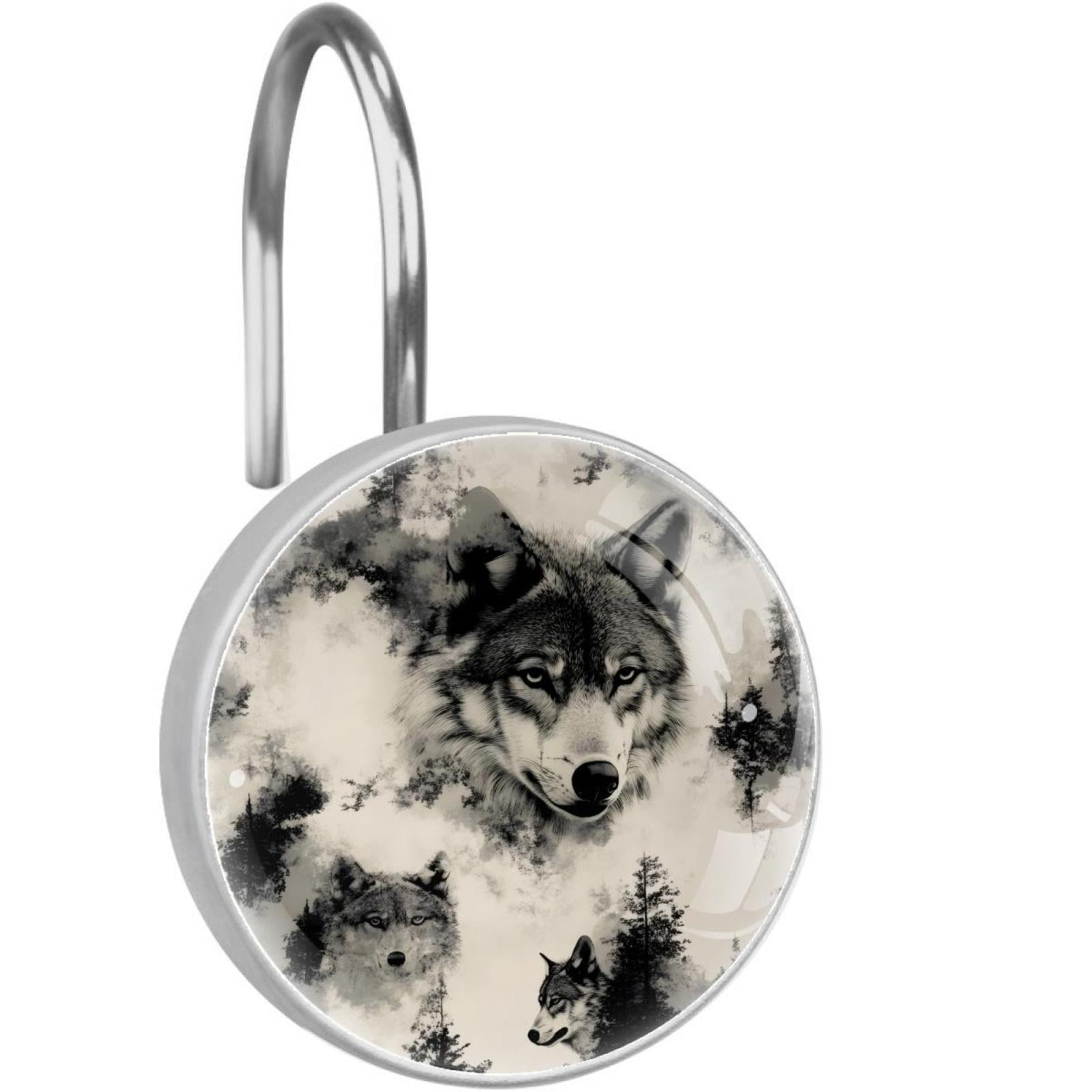 Wolves Shower Curtain Hooks Round Crystal Glass, Set of 12 Shower Curtain Rings - Shower Hooks for Curtain Shower Rings