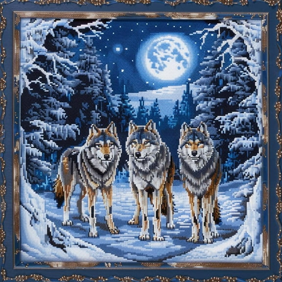 Wolves in Snow Night Blue Moon DIY 11CT Stamped Cross Stitch Kits for Beginners Easy Needlepoint Embroidery Counted Cross Stitch Art Craft for Wall Decoration 14x14inch(2)