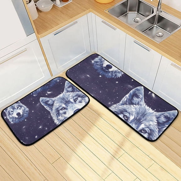 Wolves Space Kitchen Mats Non Slip Standing Desk Mat Runner Rug Washable Kitchen Rugs for Floor 2PCS