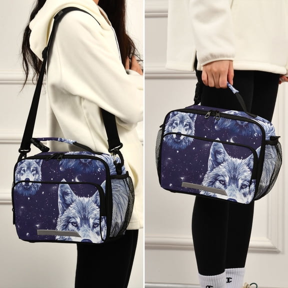Wolves Space Lunch Bag Cooler Bag Cooling Tote Portable Shoulder Strap Interior Pockets for Picnic Travel