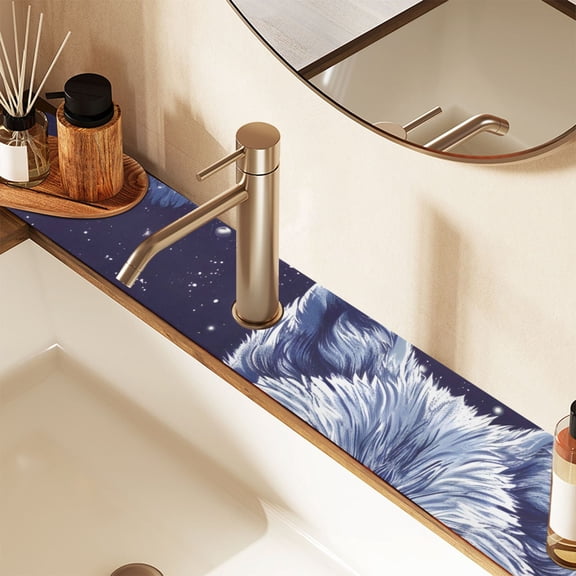 Wolves Space Sink Splash Guard Faucet 14.7x5.4in Drying Mat Drying Mat Absorbent Pad for Bathroom Kitchen 2PCS