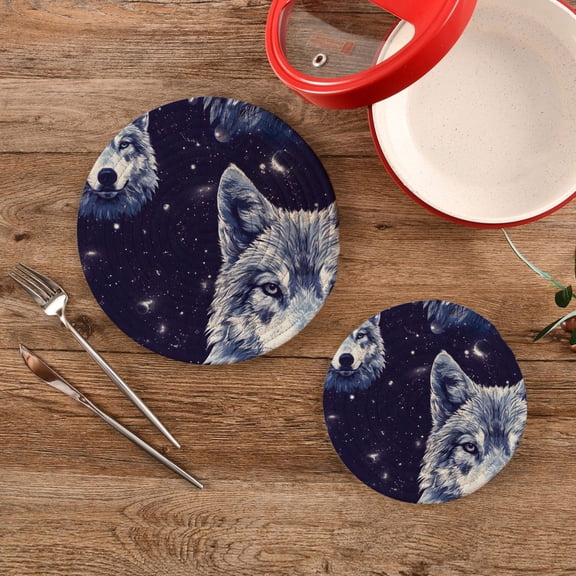 Wolves Space Trivet Mats Set Cotton Woven Non-Slip Pot Holders Heat Resistant for Hot Pots Pans Dishes Pats