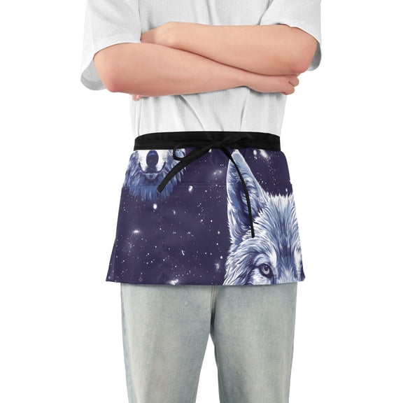 Wolves Space Waist Apron Adjustable Server Half Apron Kitchen Cooking with 3 Pockets for Men Women