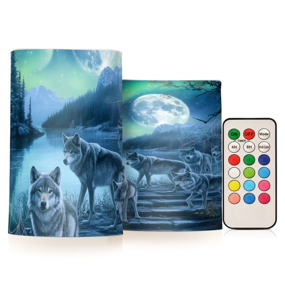 Wolves Spider Webs Flickering Flameless Candles Battery Operated with Remote Timer LED Pillar Candles Set of 2
