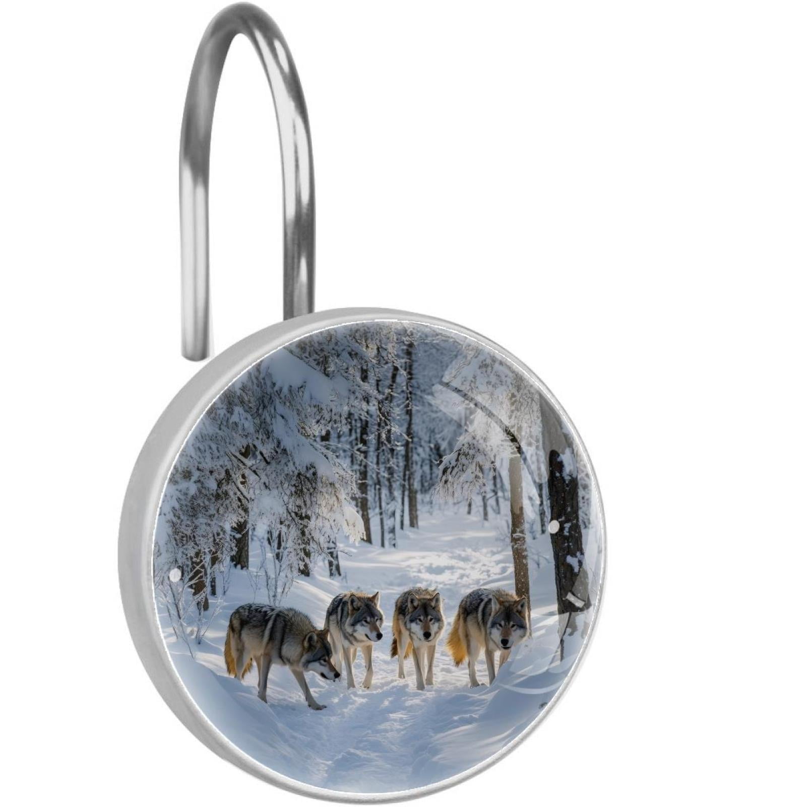 Wolves Walking on Cold Forest Shower Curtain Hooks Round Crystal Glass, Set of 12 Shower Curtain Rings - Shower Hooks for Curtain Shower Rings