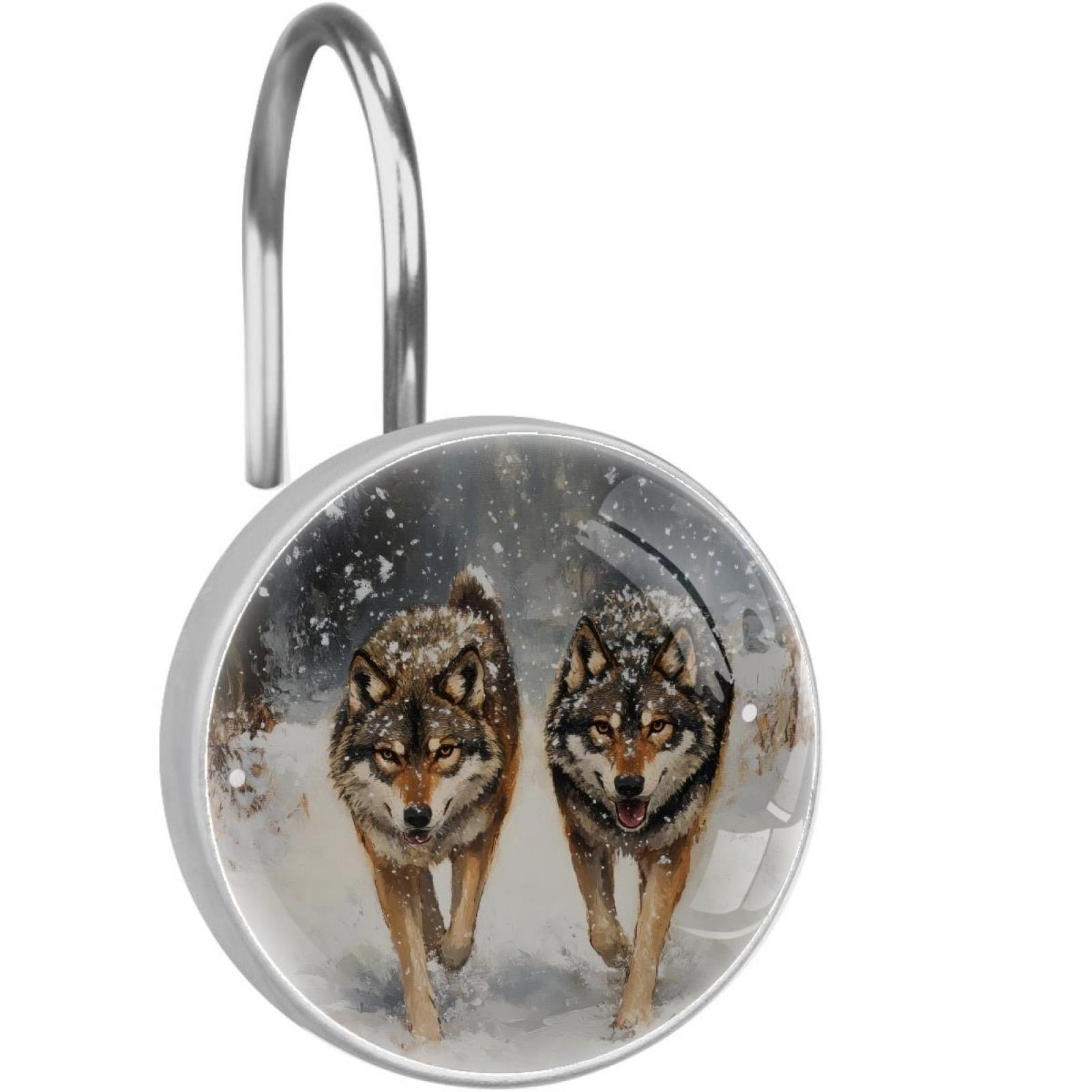 Wolves Walking on Snow Shower Curtain Hooks Round Crystal Glass, Set of 12 Shower Curtain Rings - Shower Hooks for Curtain Shower Rings