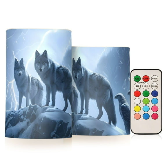 Wolves and Eagle Flickering Flameless LED Candles set of 2 Battery Operated 18-Key Remotes Timer Halloween Fall Decor D3''xH4''5''