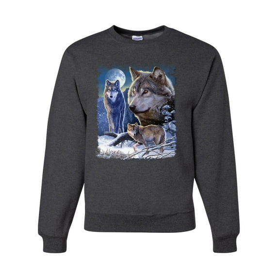 Wolves and the Moon in the Winter Night | Mens Animal Lover Crewneck Graphic Sweatshirt, Heather Black, 3XL