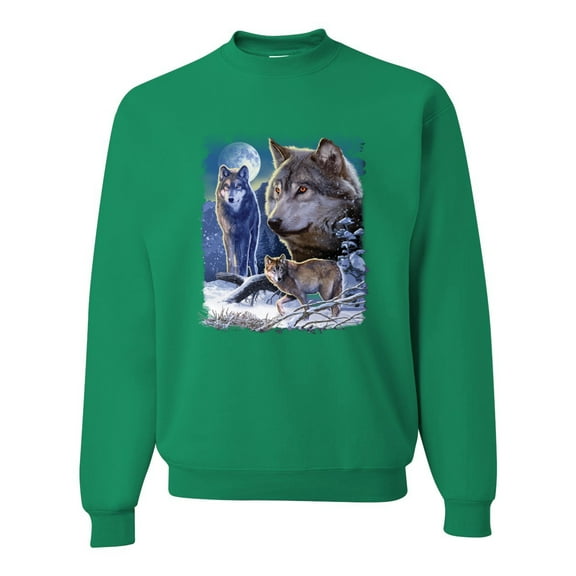 Wolves and the Moon in the Winter Night | Mens Animal Lover Crewneck Graphic Sweatshirt, Kelly, Medium