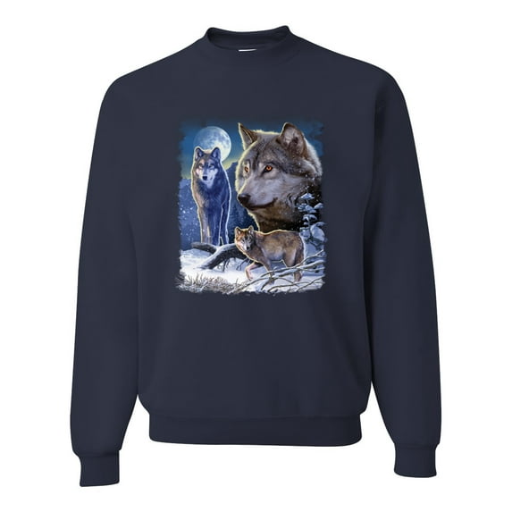 Wolves and the Moon in the Winter Night | Mens Animal Lover Crewneck Graphic Sweatshirt, Navy, 3XL