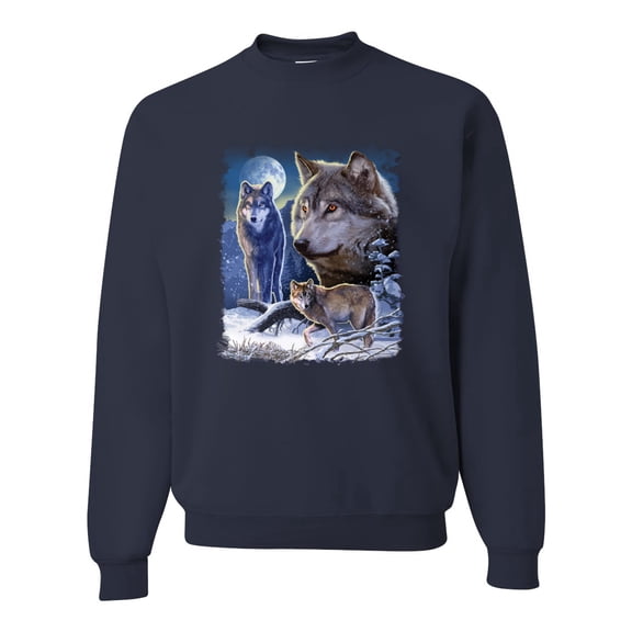 Wolves and the Moon in the Winter Night | Mens Animal Lover Crewneck Graphic Sweatshirt, Navy, X-Large