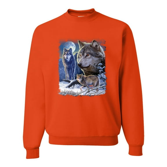 Wolves and the Moon in the Winter Night | Mens Animal Lover Crewneck Graphic Sweatshirt, Orange, Medium
