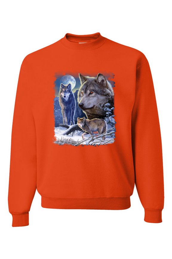 Wolves and the Moon in the Winter Night | Mens Animal Lover Crewneck Graphic Sweatshirt, Orange, Medium