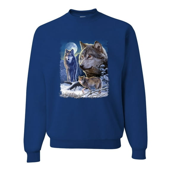 Wolves and the Moon in the Winter Night | Mens Animal Lover Crewneck Graphic Sweatshirt, Royal, 2XL