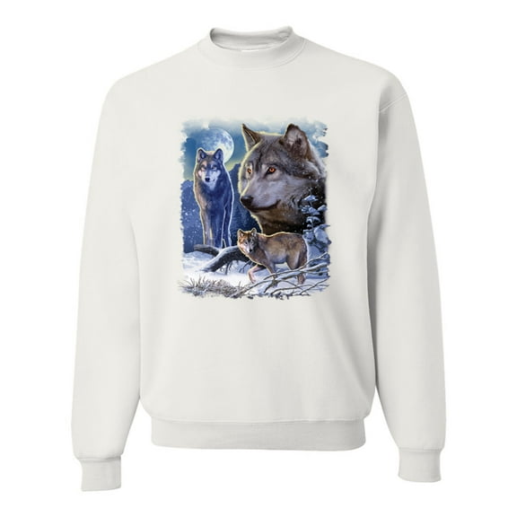 Wolves and the Moon in the Winter Night | Mens Animal Lover Crewneck Graphic Sweatshirt, White, X-Large