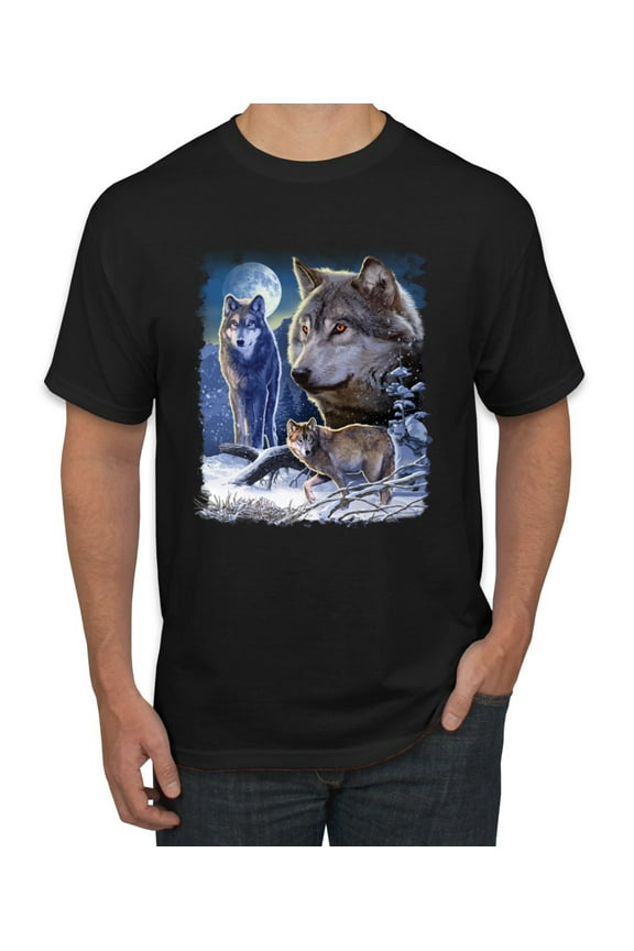 Wolves and the Moon in the Winter Night | Mens Animal Lover Graphic T-Shirt, Black, Small