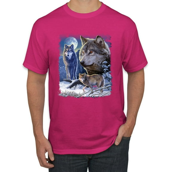 Wolves and the Moon in the Winter Night | Mens Animal Lover Graphic T-Shirt, Fuschia, X-Large