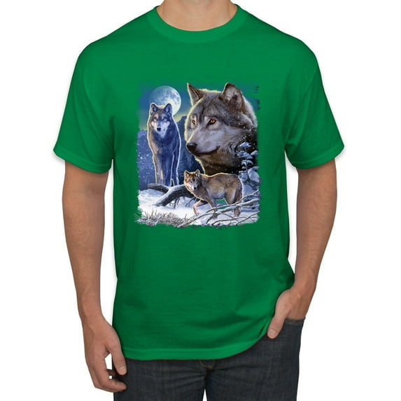 Wolves and the Moon in the Winter Night | Mens Animal Lover Graphic T-Shirt, Kelly, Large
