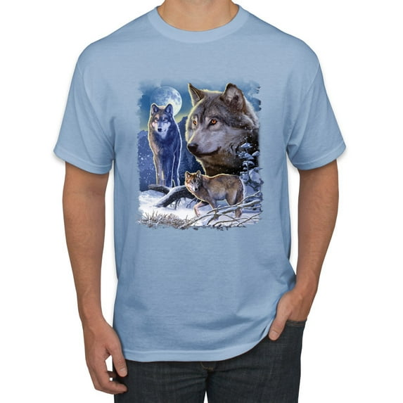 Wolves and the Moon in the Winter Night | Mens Animal Lover Graphic T-Shirt, Light Blue, 2XL