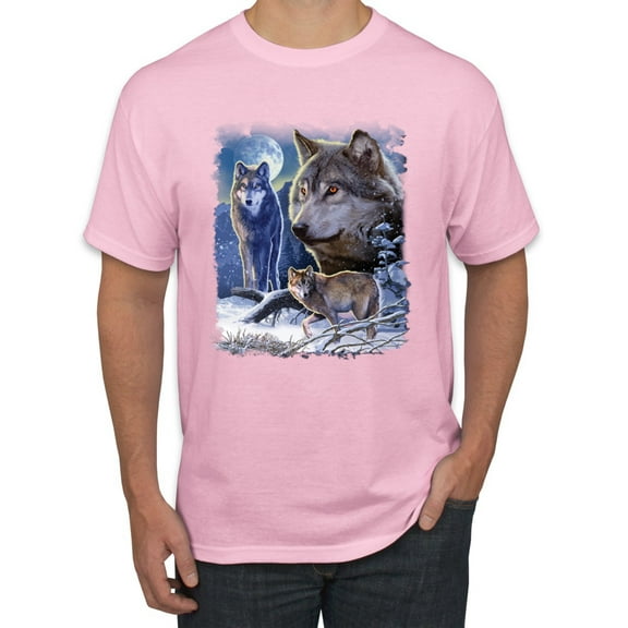 Wolves and the Moon in the Winter Night | Mens Animal Lover Graphic T-Shirt, Light Pink, Large