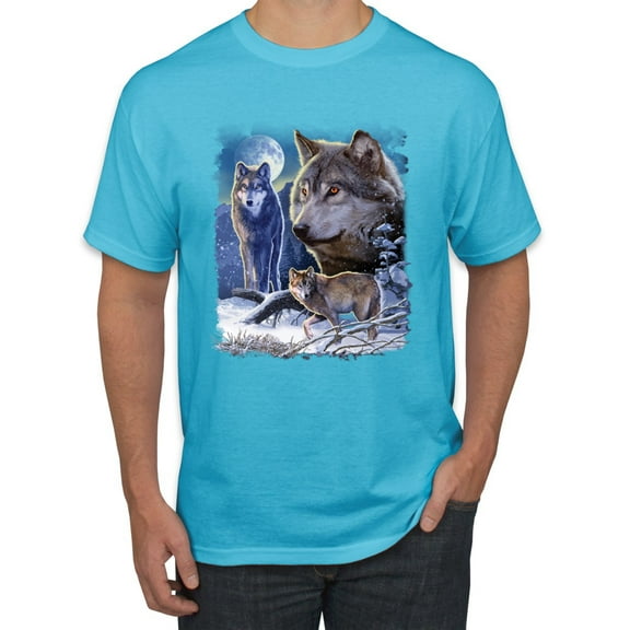Wolves and the Moon in the Winter Night | Mens Animal Lover Graphic T-Shirt, Light Turquoise, X-Large