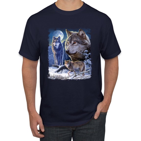 Wolves and the Moon in the Winter Night | Mens Animal Lover Graphic T-Shirt, Navy, X-Large