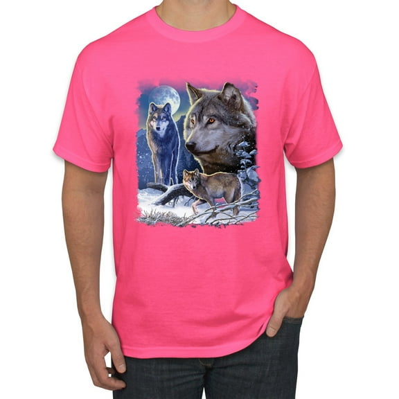 Wolves and the Moon in the Winter Night | Mens Animal Lover Graphic T-Shirt, Neon Pink, X-Large