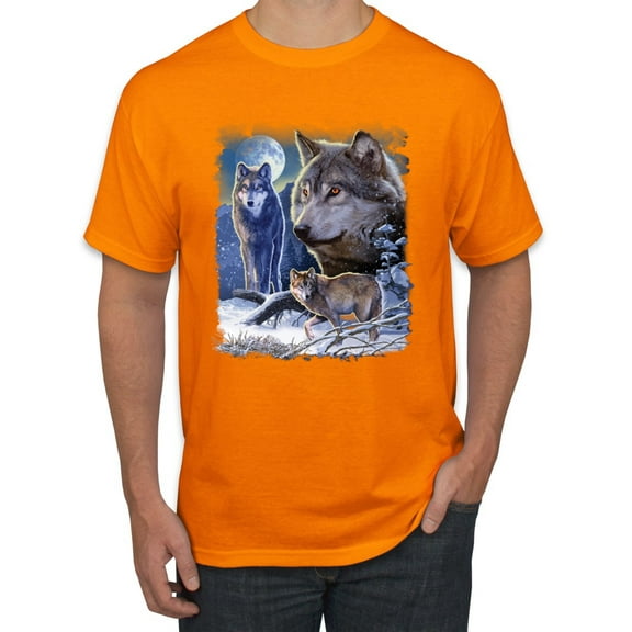 Wolves and the Moon in the Winter Night | Mens Animal Lover Graphic T-Shirt, Orange, X-Large