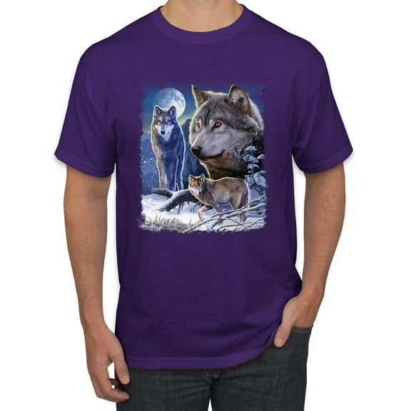 Wolves and the Moon in the Winter Night | Mens Animal Lover Graphic T-Shirt, Purple, X-Large