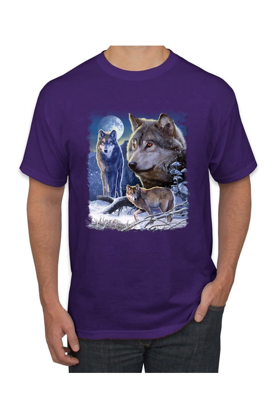 Wolves and the Moon in the Winter Night | Mens Animal Lover Graphic T-Shirt, Purple, X-Large