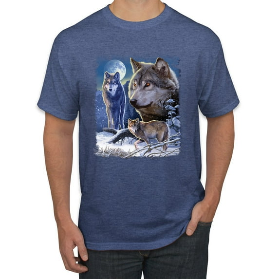 Wolves and the Moon in the Winter Night | Mens Animal Lover Graphic T-Shirt, Vintage Heather Blue, Medium