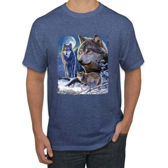 Wolves and the Moon in the Winter Night | Mens Animal Lover Graphic T-Shirt, Vintage Heather Blue, X-Large