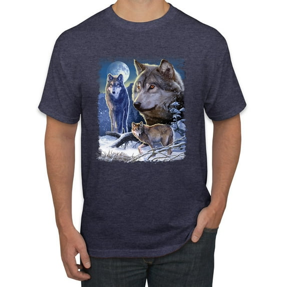 Wolves and the Moon in the Winter Night | Mens Animal Lover Graphic T-Shirt, Vintage Heather Navy, Large