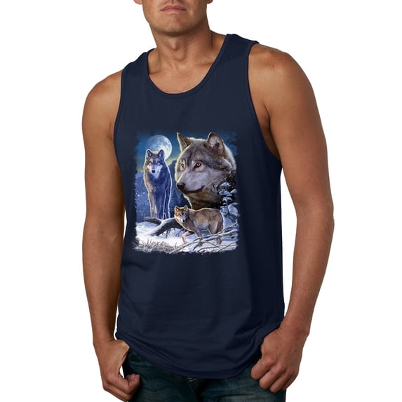 Wolves and the Moon in the Winter Night | Mens Animal Lover Graphic Tank Top, Navy, X-Large