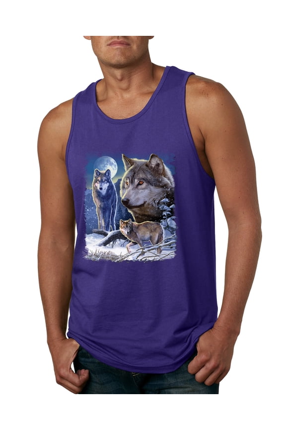 Wolves and the Moon in the Winter Night | Mens Animal Lover Graphic Tank Top, Purple, 3XL
