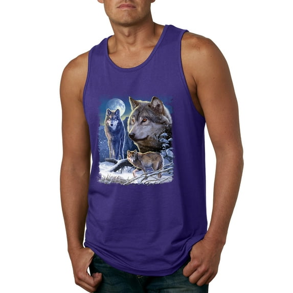 Wolves and the Moon in the Winter Night | Mens Animal Lover Graphic Tank Top, Purple, Medium