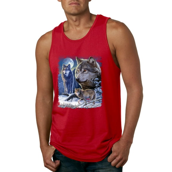Wolves and the Moon in the Winter Night | Mens Animal Lover Graphic Tank Top, Red, Small