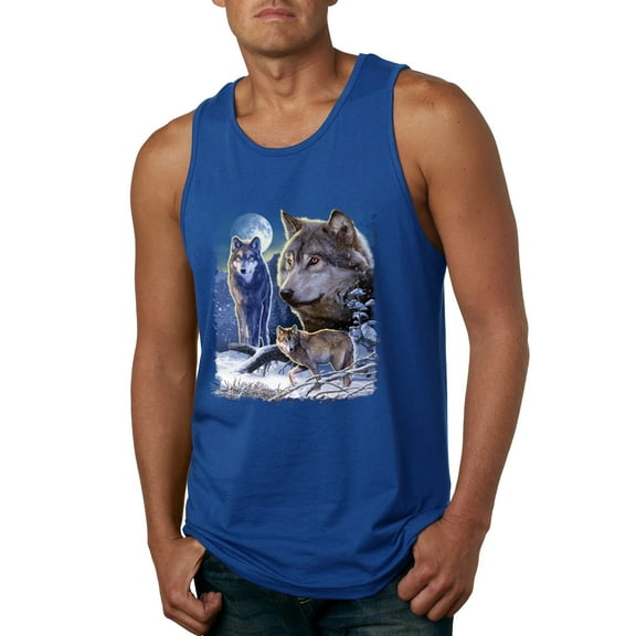 Wolves and the Moon in the Winter Night | Mens Animal Lover Graphic Tank Top, Royal, X-Large