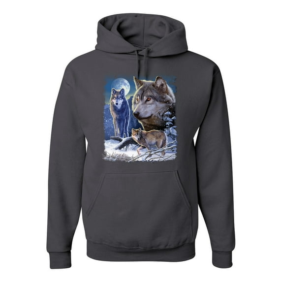 Wolves and the Moon in the Winter Night | Mens Animal Lover Hooded Sweatshirt Graphic Hoodie, Charcoal, Large