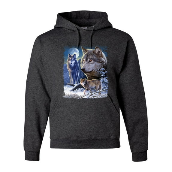 Wolves and the Moon in the Winter Night | Mens Animal Lover Hooded Sweatshirt Graphic Hoodie, Heather Black, Large