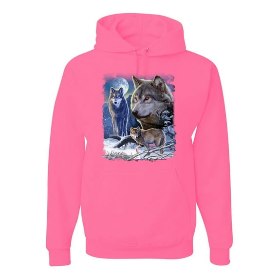 Wolves and the Moon in the Winter Night | Mens Animal Lover Hooded Sweatshirt Graphic Hoodie, Neon Pink, 3XL