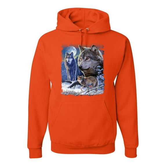 Wolves and the Moon in the Winter Night | Mens Animal Lover Hooded Sweatshirt Graphic Hoodie, Orange, Large