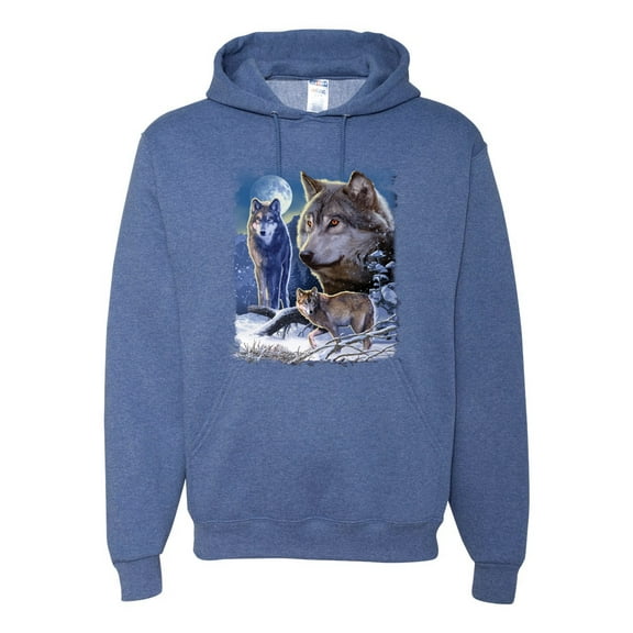 Wolves and the Moon in the Winter Night | Mens Animal Lover Hooded Sweatshirt Graphic Hoodie, Vintage Heather Blue, 2XL