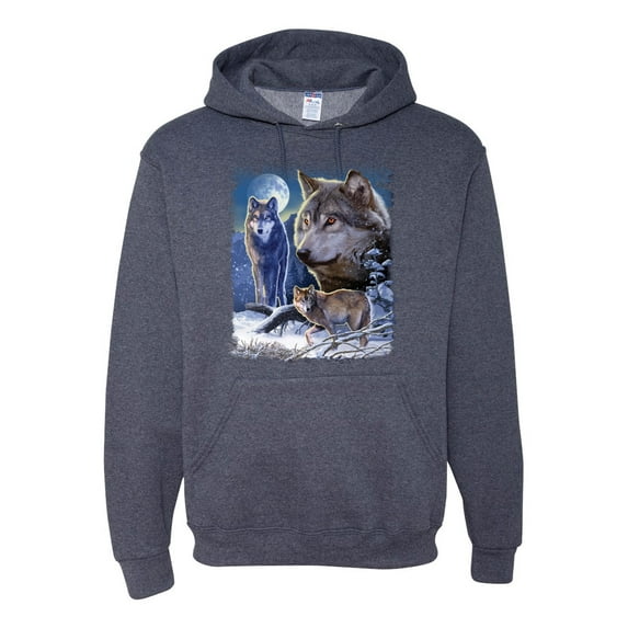 Wolves and the Moon in the Winter Night | Mens Animal Lover Hooded Sweatshirt Graphic Hoodie, Vintage Heather Navy, 3XL