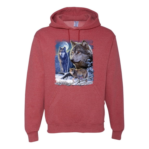 Wolves and the Moon in the Winter Night | Mens Animal Lover Hooded Sweatshirt Graphic Hoodie, Vintage Heather Red, Small