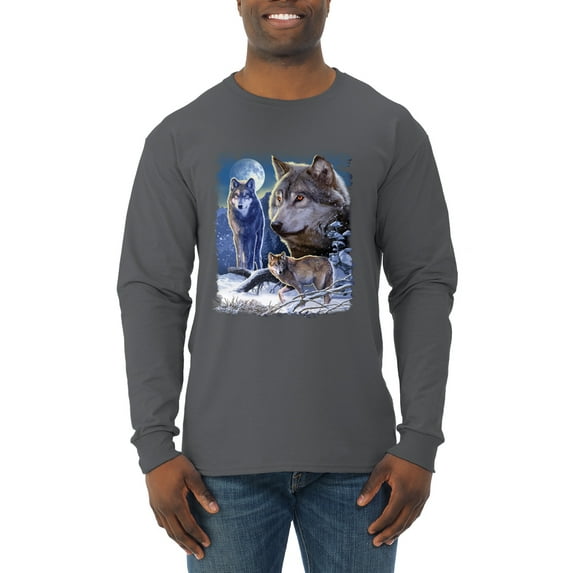 Wolves and the Moon in the Winter Night | Mens Animal Lover Long Sleeve T-Shirt, Charcoal, Small