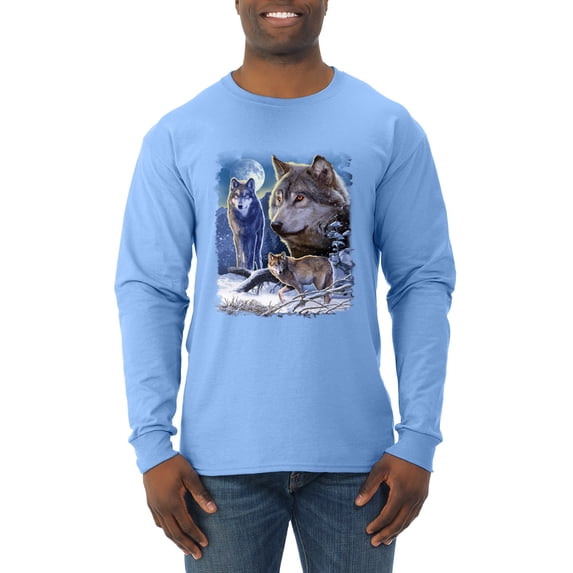 Wolves and the Moon in the Winter Night | Mens Animal Lover Long Sleeve T-Shirt, Light Blue, X-Large